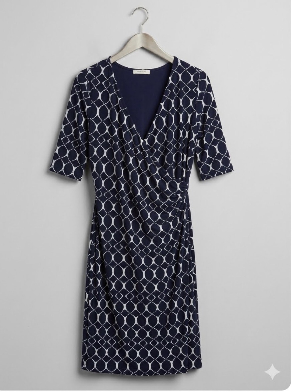 Gilli Navy and White Geometric V-Neck Wrap Midi Dress